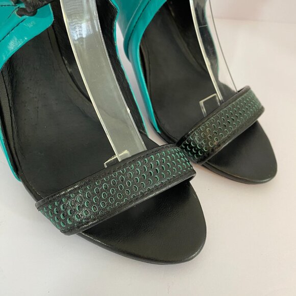 L.A.M.B. Bambi Pumps Teal Black Leather Heels 6.5 Ankle Strap - Picture 2 of 11